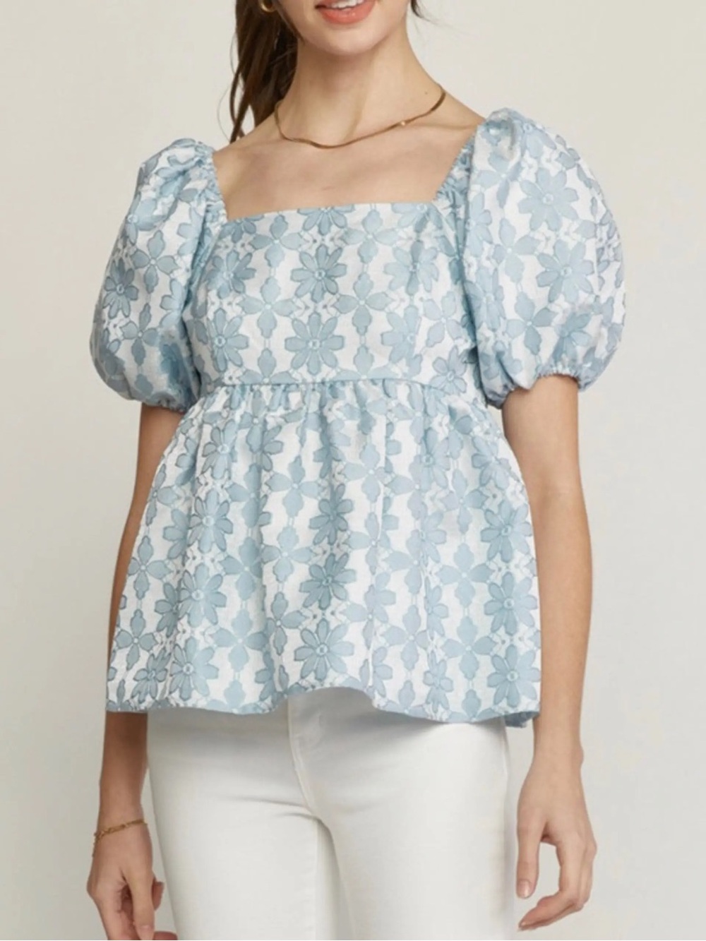Entro Puff Sleeve Lace Floral Detail Square Neck Blouse Blue Size S